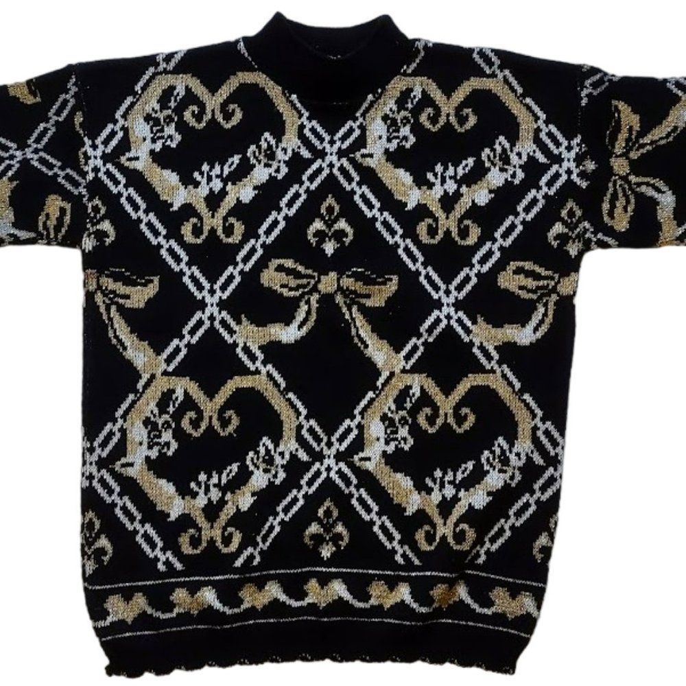 Dana Scott Vintage Black and Gold Bows and Chains Ugly Sweater